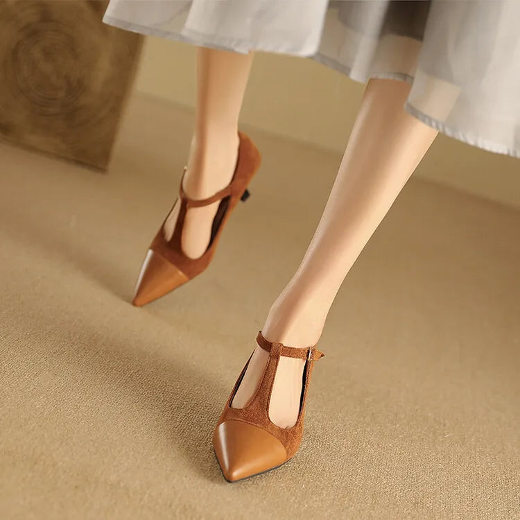 Women's Leather Heels Pointed Toe T-Strap Dressy Everyday Cream