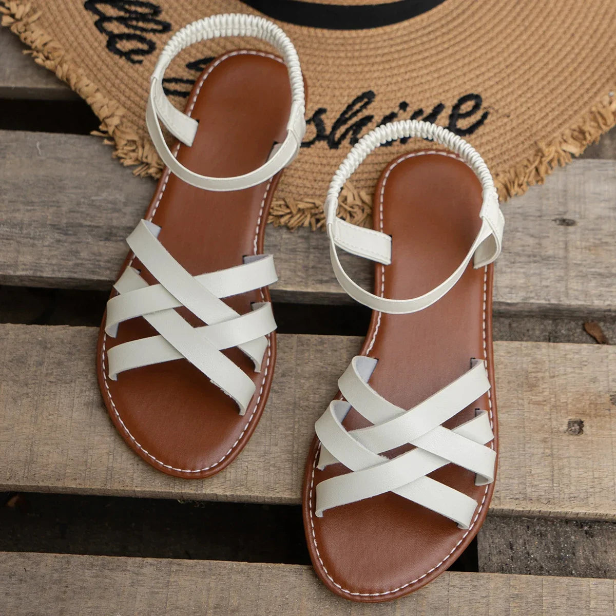 Leather Sandals Women Elegant Ankle Strap Gold Detail Dressy