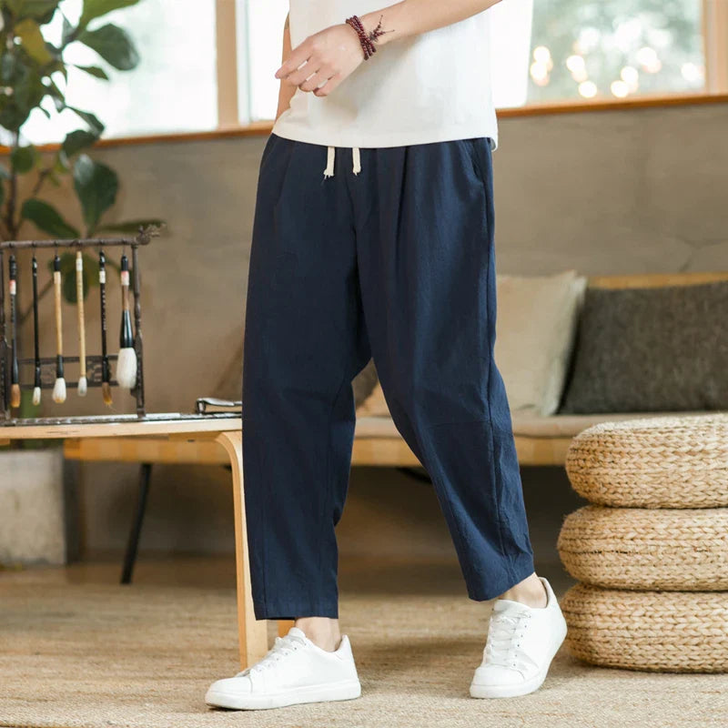 Linen Casual Pants Relaxed Fit Breathable Ankle Taper Men's Trousers
