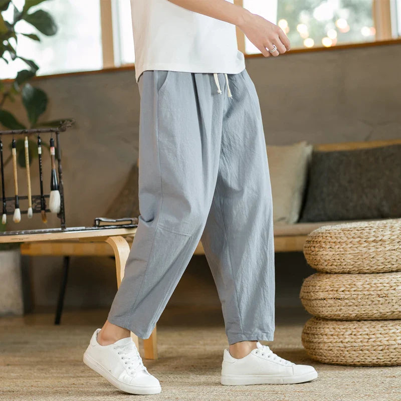 Linen Casual Pants Relaxed Fit Breathable Ankle Taper Men's Trousers