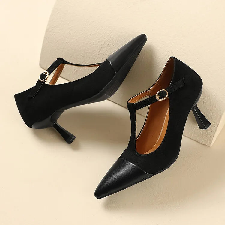 Women's Leather Heels Pointed Toe T-Strap Dressy Everyday Cream