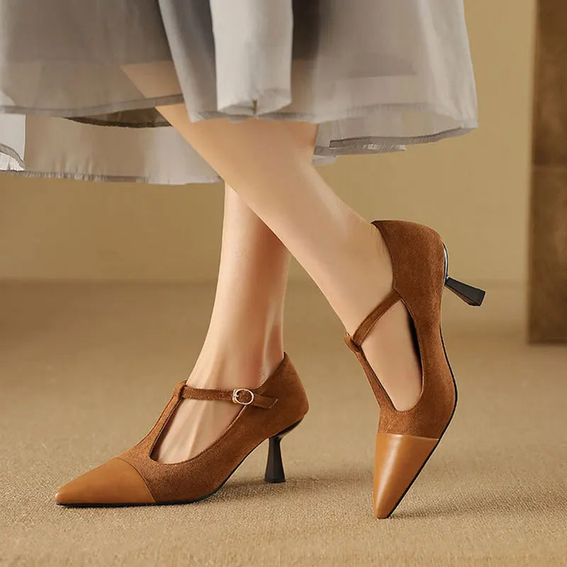 Women's Leather Heels Pointed Toe T-Strap Dressy Everyday Cream