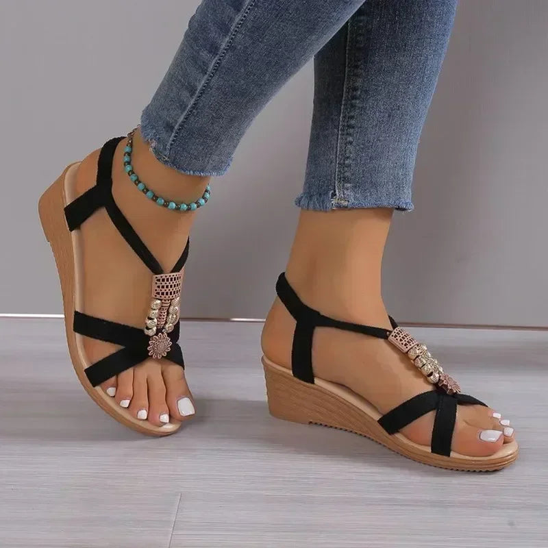 Women's Wedge Sandals Elegant Ankle Strap Buckle Suede Black