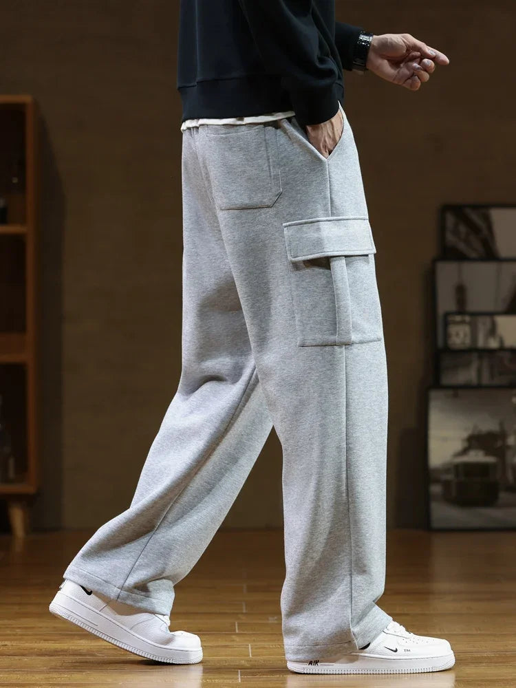 Men's Cargo Sweatpants Wide Leg Drawstring Relaxed Fit Flap Pockets