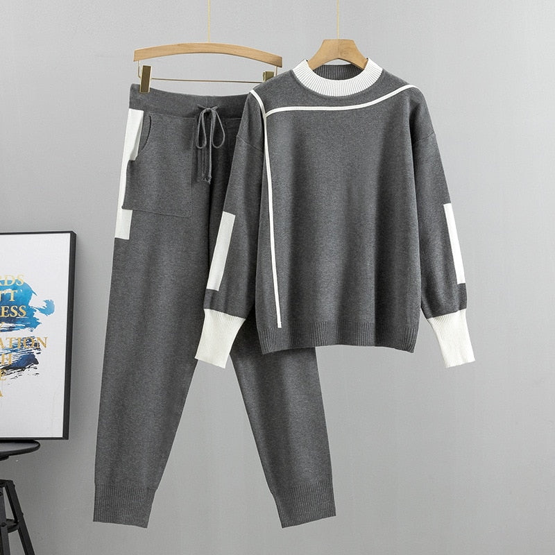 Women's Knit Two Piece Set Mock Neck Jumper Tapered Joggers Contrast