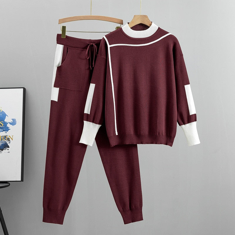 Women's Knit Two Piece Set Mock Neck Jumper Tapered Joggers Contrast