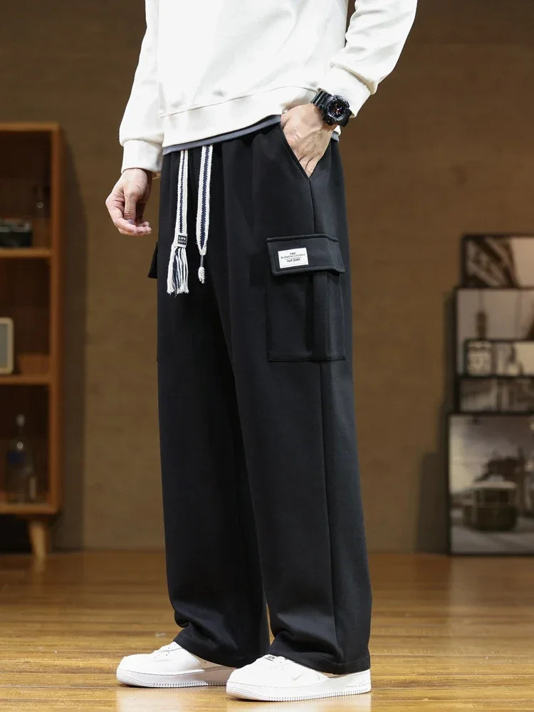 Men's Cargo Sweatpants Wide Leg Drawstring Relaxed Fit Flap Pockets