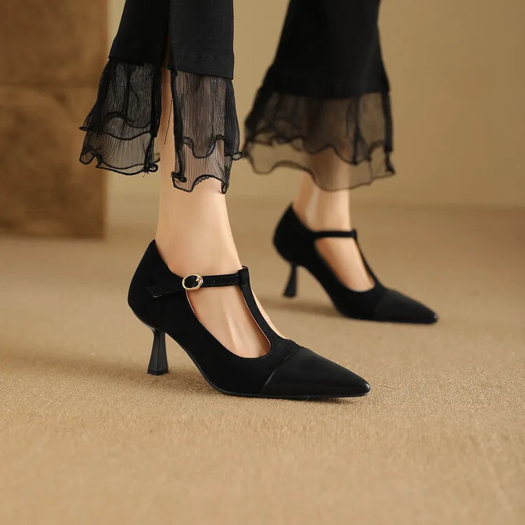 Women's Leather Heels Pointed Toe T-Strap Dressy Everyday Cream