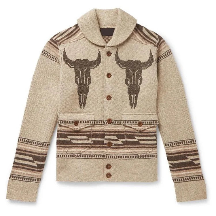 Men's Shawl Collar Cardigan Bull Skull Jacquard Button Front Knit Jacket
