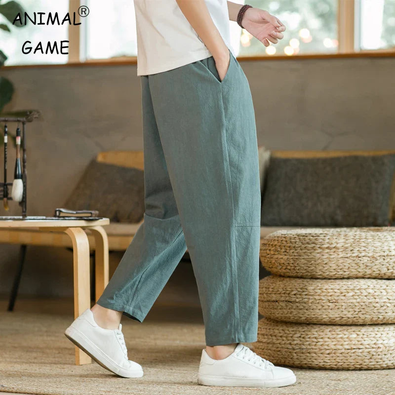 Linen Casual Pants Relaxed Fit Breathable Ankle Taper Men's Trousers