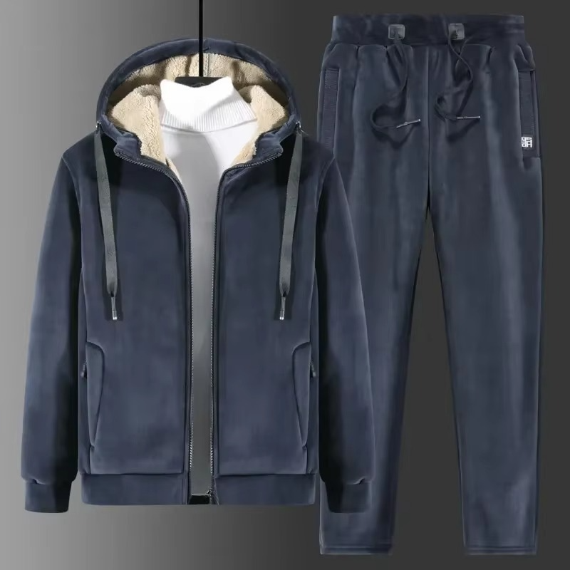 Men's Tracksuit Two Piece Set Fleece Hooded Jacket Tapered Joggers Winter