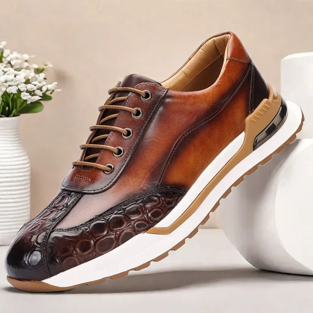 Men's Lace-Up Sneakers Burnished Embossed Panel White Sole Smart Casual