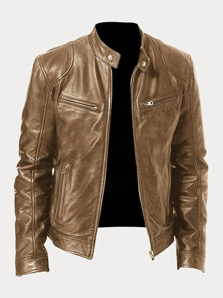 Men's Biker Jacket Zip Front Moto Style Stand Collar Slim Fit