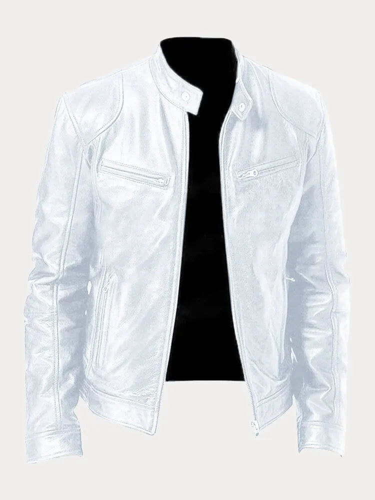 Men's Biker Jacket Zip Front Moto Style Stand Collar Slim Fit