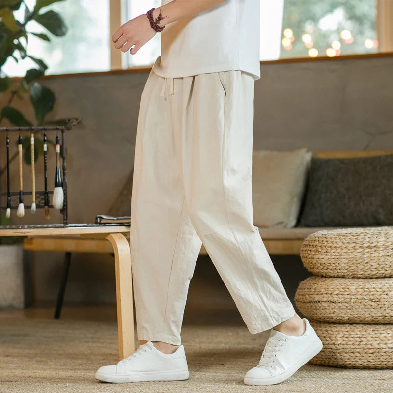 Linen Casual Pants Relaxed Fit Breathable Ankle Taper Men's Trousers