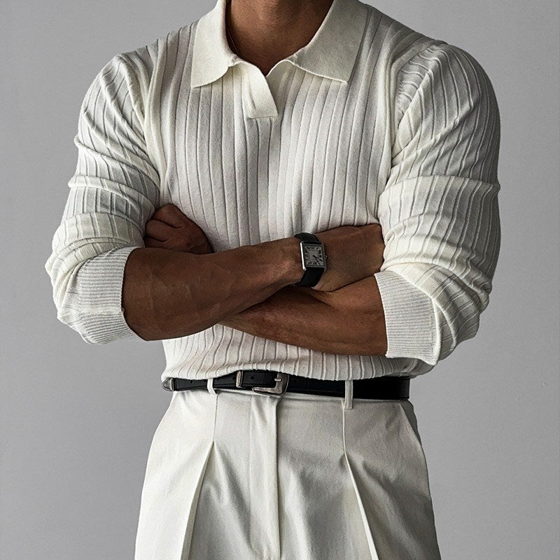 Men's Long Sleeve Polo Shirt Slim Fit Ribbed Knit V-Notch Collar