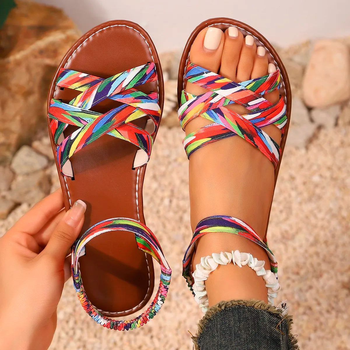 Leather Sandals Women Elegant Ankle Strap Gold Detail Dressy