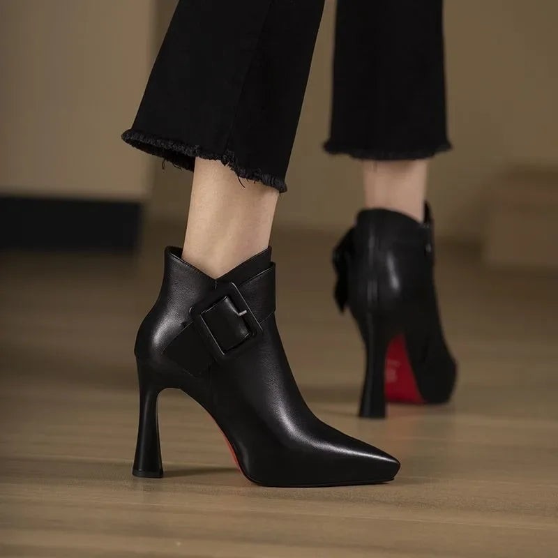 Women's Elegant Ankle Boots Pearl Detail Luxury Black Leather Dressy