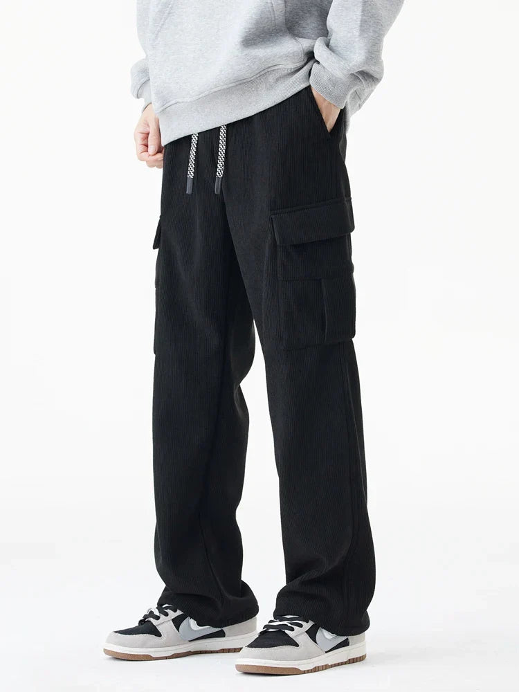 Men's Wide Leg Cargo Pants Drawstring Waist Relaxed Fit Casual