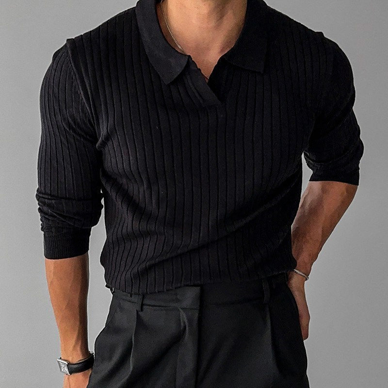 Men's Long Sleeve Polo Shirt Slim Fit Ribbed Knit V-Notch Collar