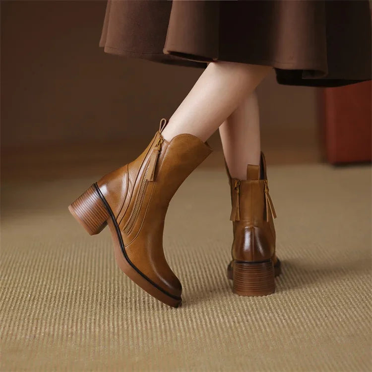 Leather Ankle Boots Women Smooth Black Brown Casual Elegant Everyday