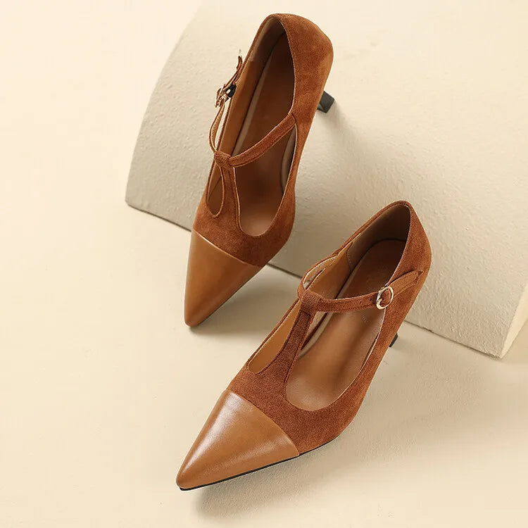 Women's Leather Heels Pointed Toe T-Strap Dressy Everyday Cream