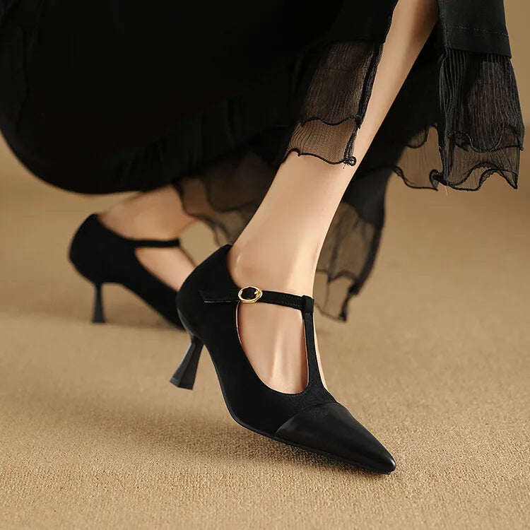 Women's Leather Heels Pointed Toe T-Strap Dressy Everyday Cream