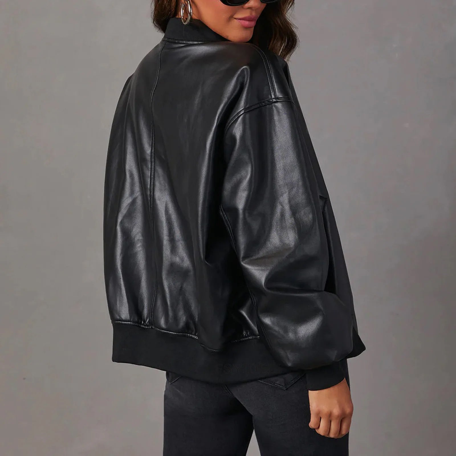 Women's Oversized Zip Jacket Ribbed Hem Hip Length Stand Collar