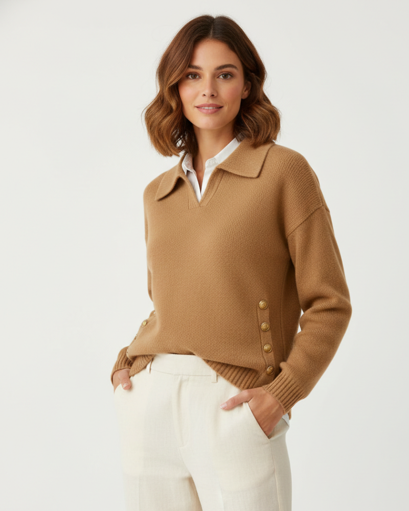 Women's Polo Knit Jumper V-Neck Gold Button Detail Relaxed Fit