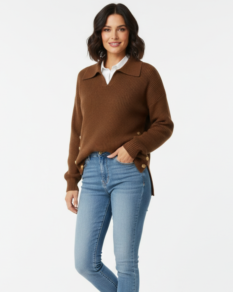 Women's Polo Knit Jumper V-Neck Gold Button Detail Relaxed Fit