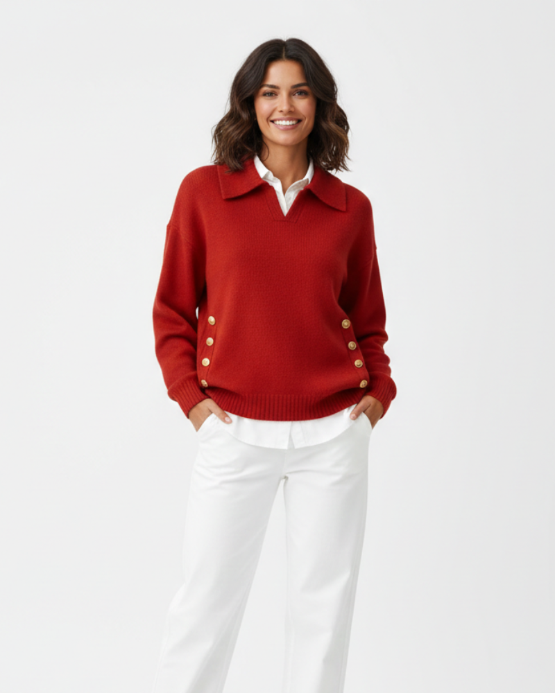 Women's Polo Knit Jumper V-Neck Gold Button Detail Relaxed Fit