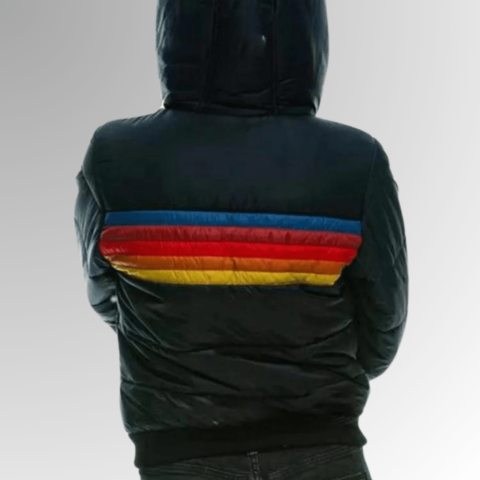 Women's Retro Puffer Jacket Rainbow Stripes Cropped Hood Casual