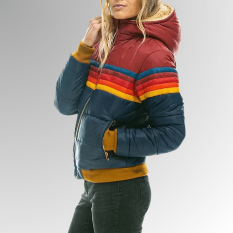 Women's Retro Puffer Jacket Rainbow Stripes Cropped Hood Casual