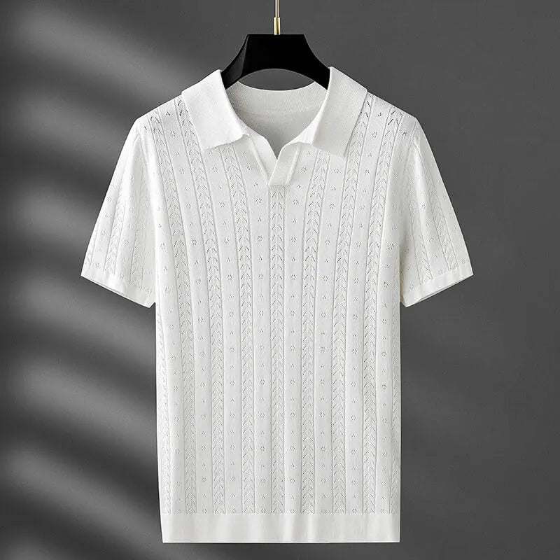 Men's Knit Polo Shirt Cable Pointelle V-Notch Collar Casual Smart