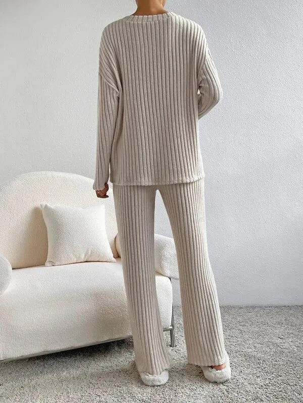 Women's Ribbed Two Piece Set V-Neck Jumper Wide Leg Pants Relaxed Fit