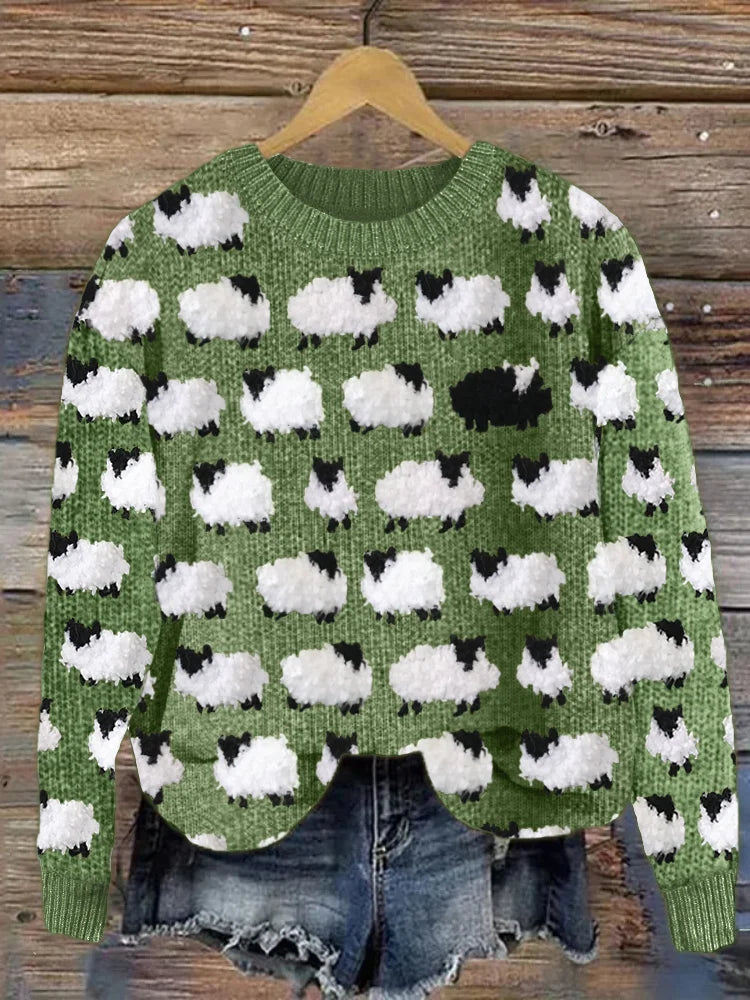 Women's Novelty Knit Sweater Sheep Print Relaxed Fit Cosy Casual Pullover Cute Animal Pattern Jumper Everyday Winter Warm Soft Knit