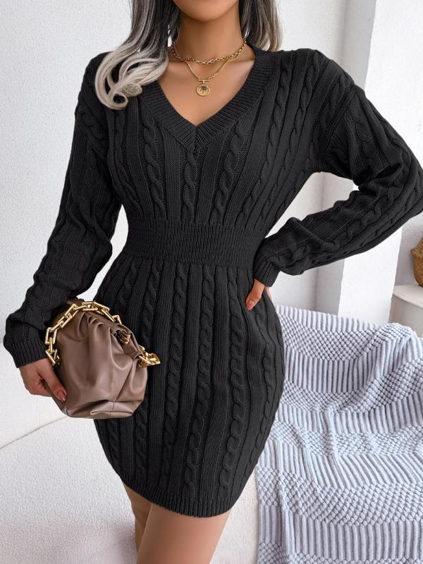 Cable Knit Sweater Dress Long Sleeve V-Neck Cosy Knitted Midi Dress Women Autumn Winter