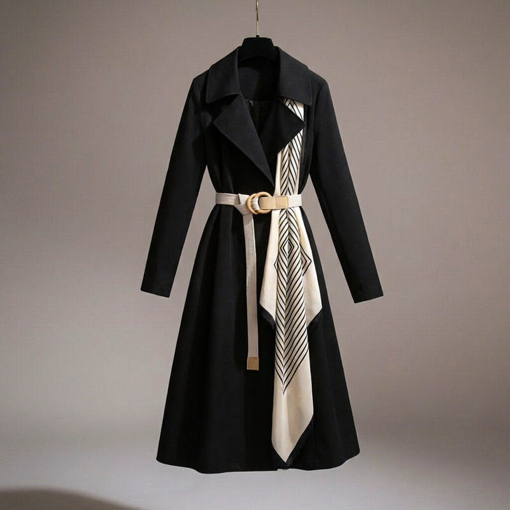 Women's Belted Midi Coat Tailored Contrast Panel Smart Casual Formal