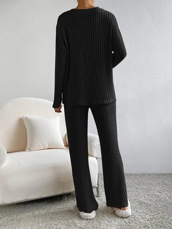 Women's Ribbed Two Piece Set V-Neck Jumper Wide Leg Pants Relaxed Fit