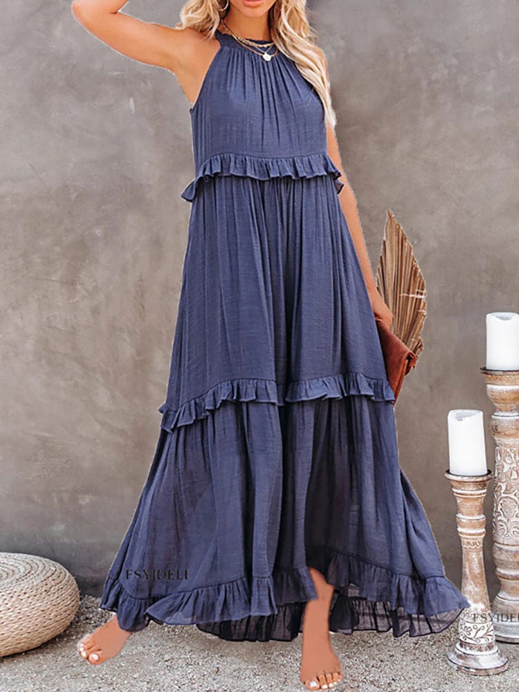 Women's Maxi Dress Sleeveless High Neck Tiered Ruffle Asymmetrical Hem