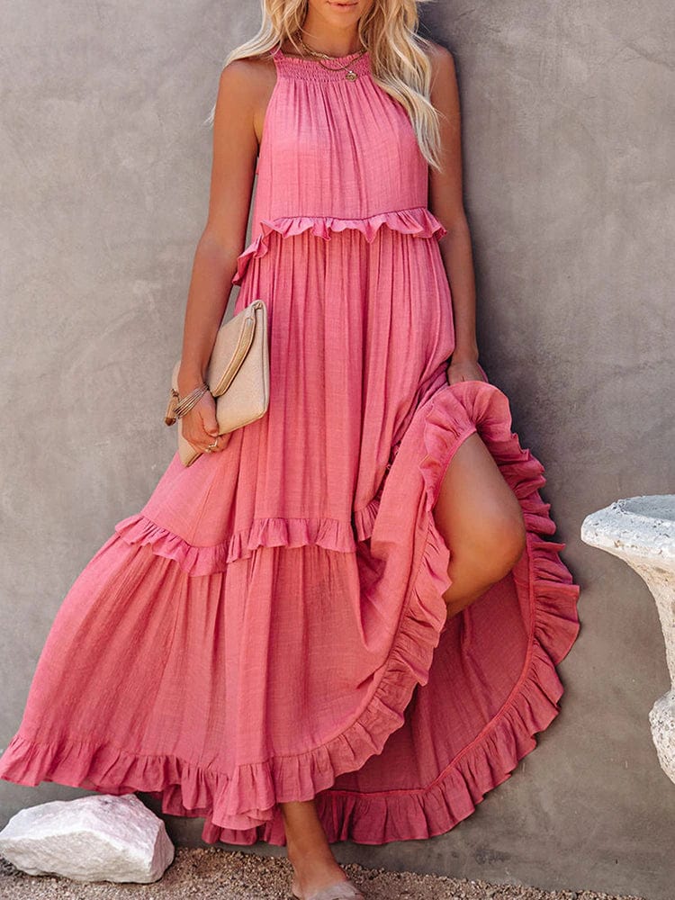 Women's Maxi Dress Sleeveless High Neck Tiered Ruffle Asymmetrical Hem
