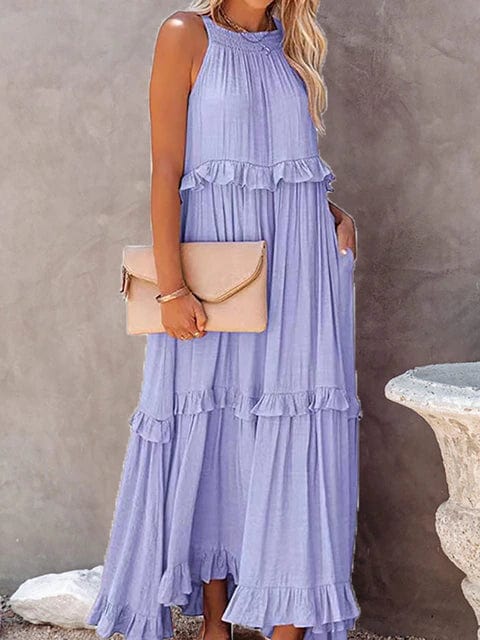 Women's Maxi Dress Sleeveless High Neck Tiered Ruffle Asymmetrical Hem