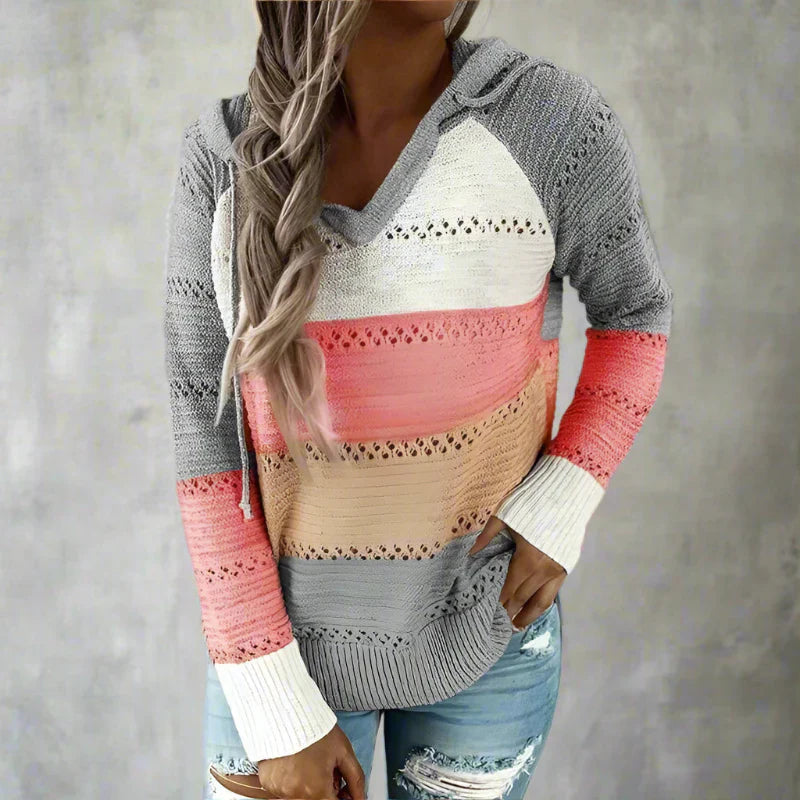 Women's Patchwork Jumper Long Sleeve V-Neck Colour Block Knit