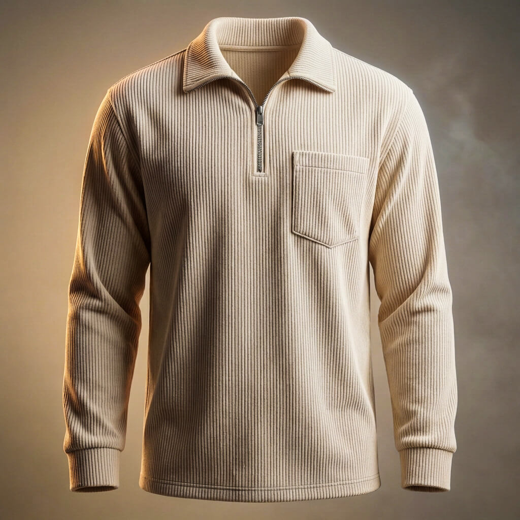 Men's Quarter Zip Polo Neck Jumper Long Sleeve Ribbed Texture Chest Pocket