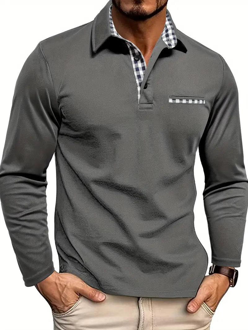 Men's Long Sleeve Polo Shirt Winter Warm Classic Casual Navy