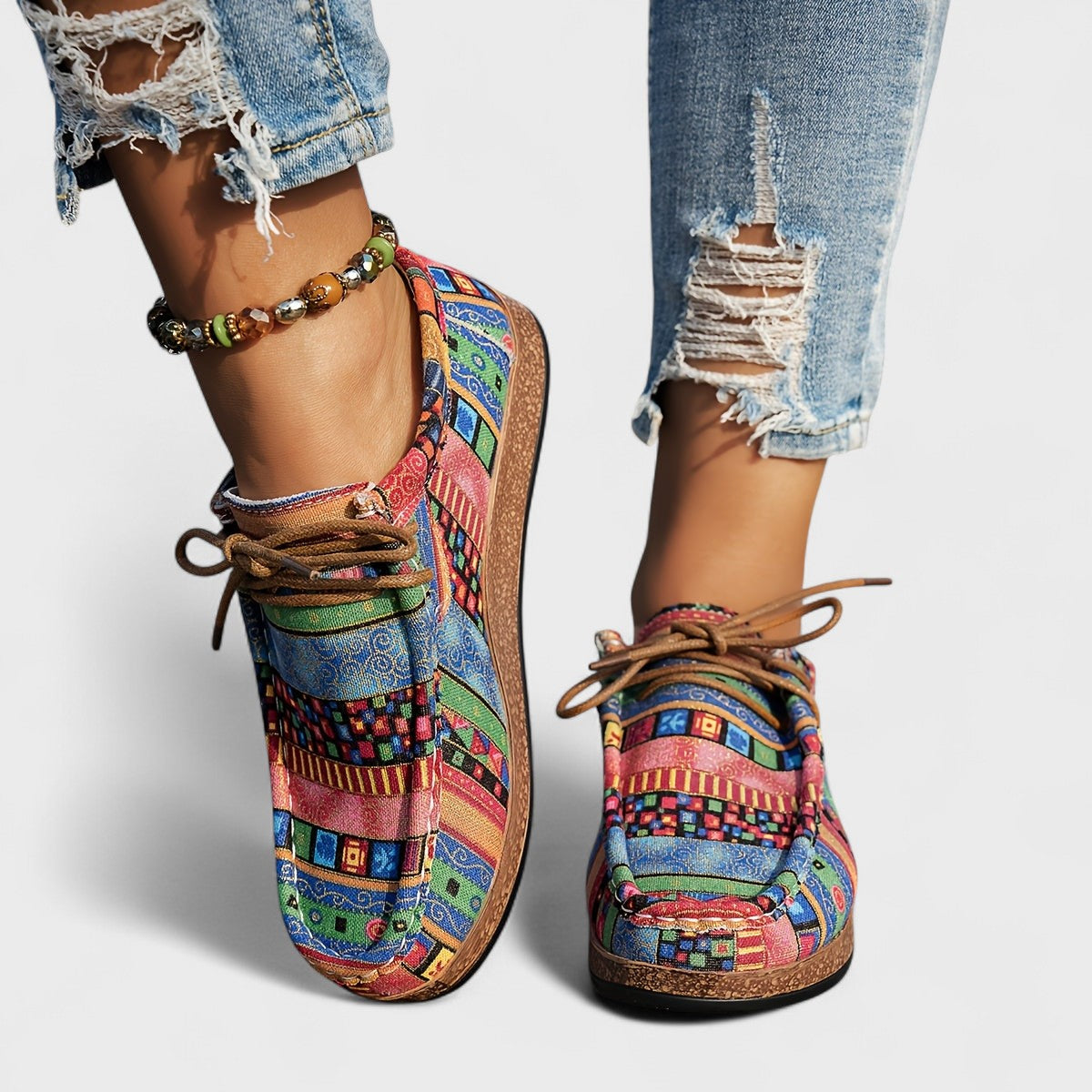 Women's Lace-Up Casual Shoes Round Toe Flat Patchwork Print Comfortable Everyday