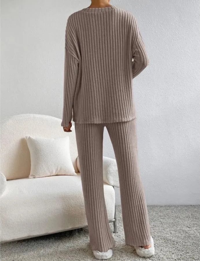 Women's Ribbed Two Piece Set V-Neck Jumper Wide Leg Pants Relaxed Fit