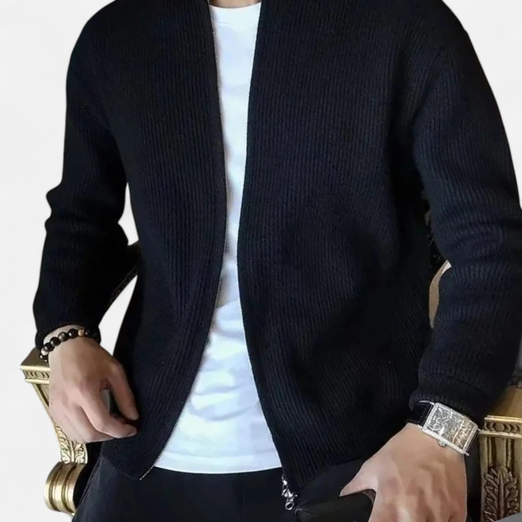 Men's Zip-Up Jumper Ribbed Knit Cardigan Round Neck Long Sleeves