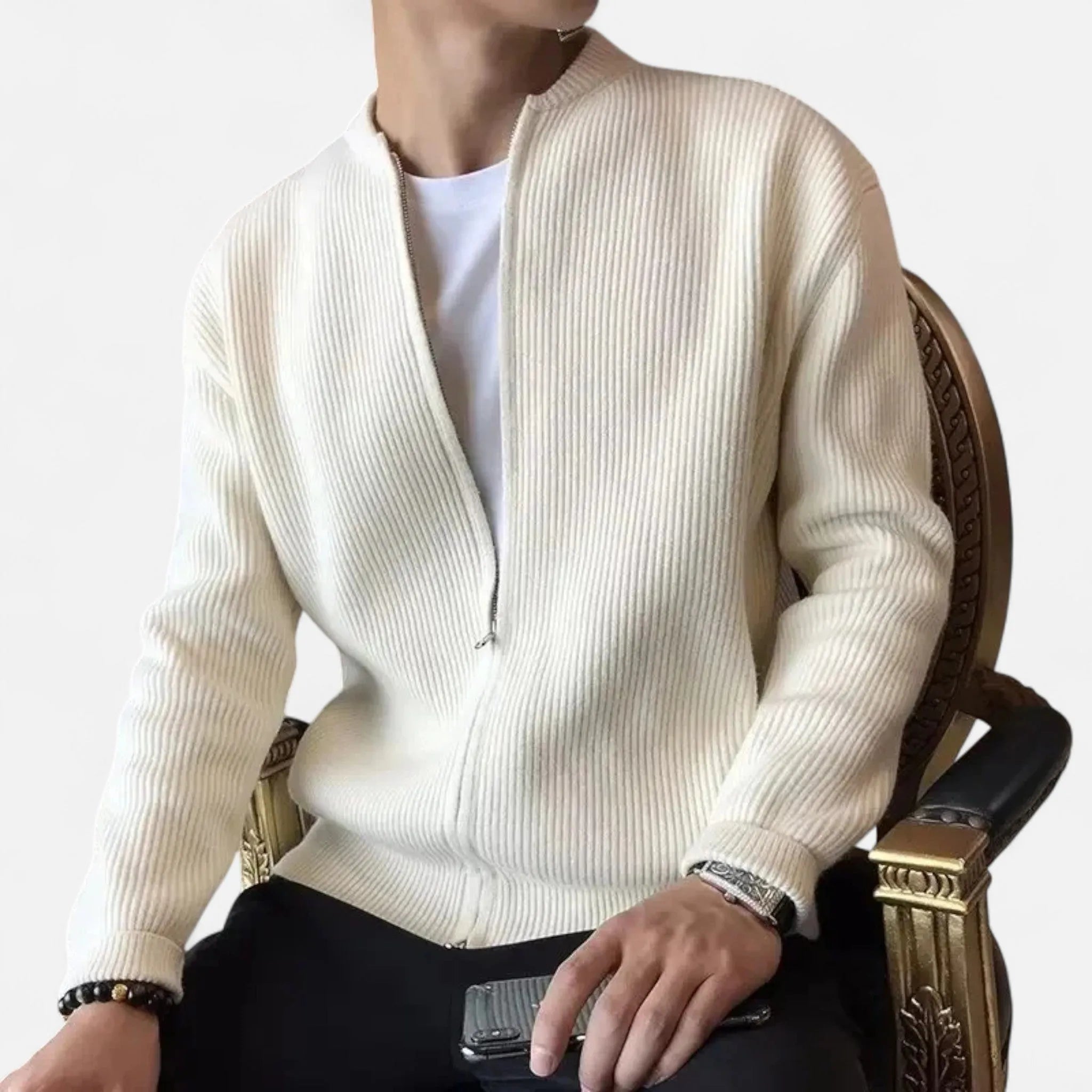 Men's Zip-Up Jumper Ribbed Knit Cardigan Round Neck Long Sleeves