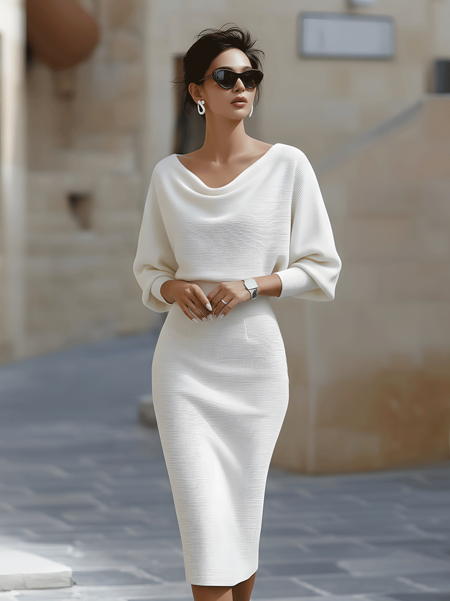 Women's Bodycon Midi Dress Draped Cowl Neck Batwing Sleeves Evening